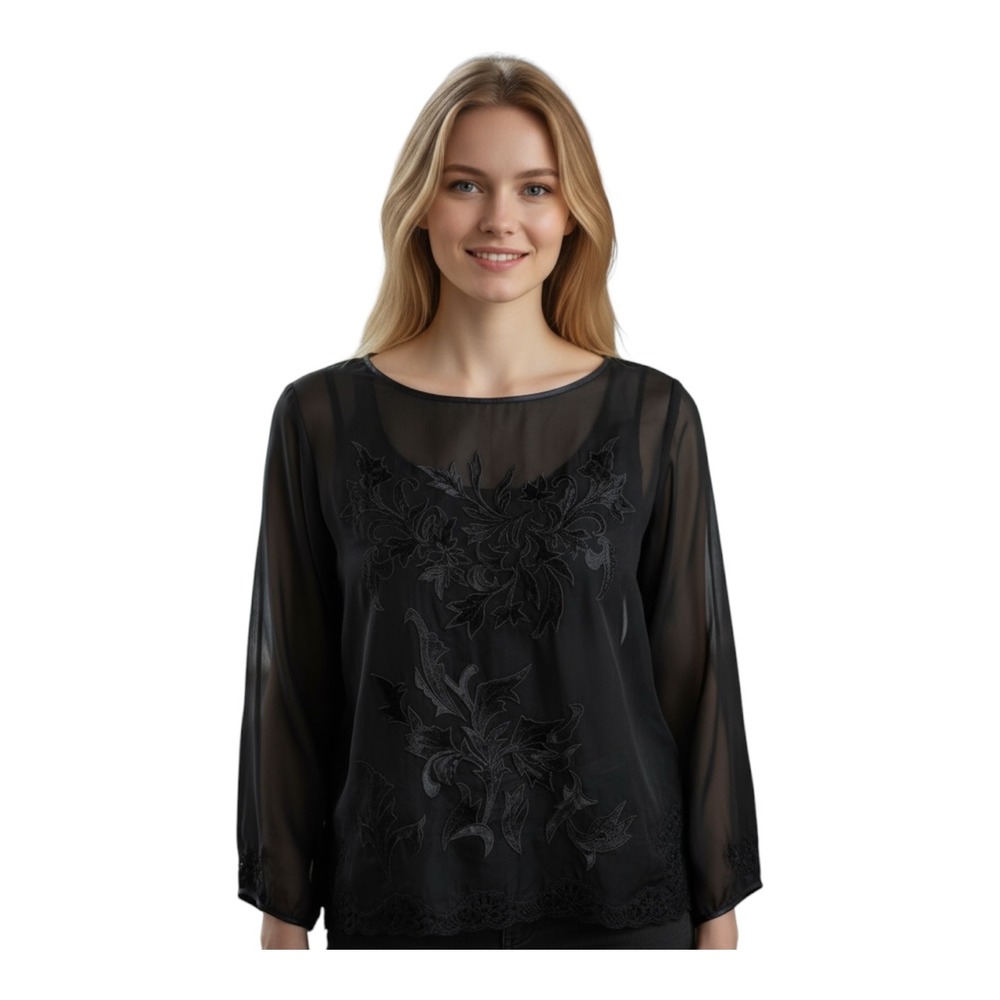 Victoria's Secret Black Sheer Floral Embroidered Lace‎ Trim Blouse Top